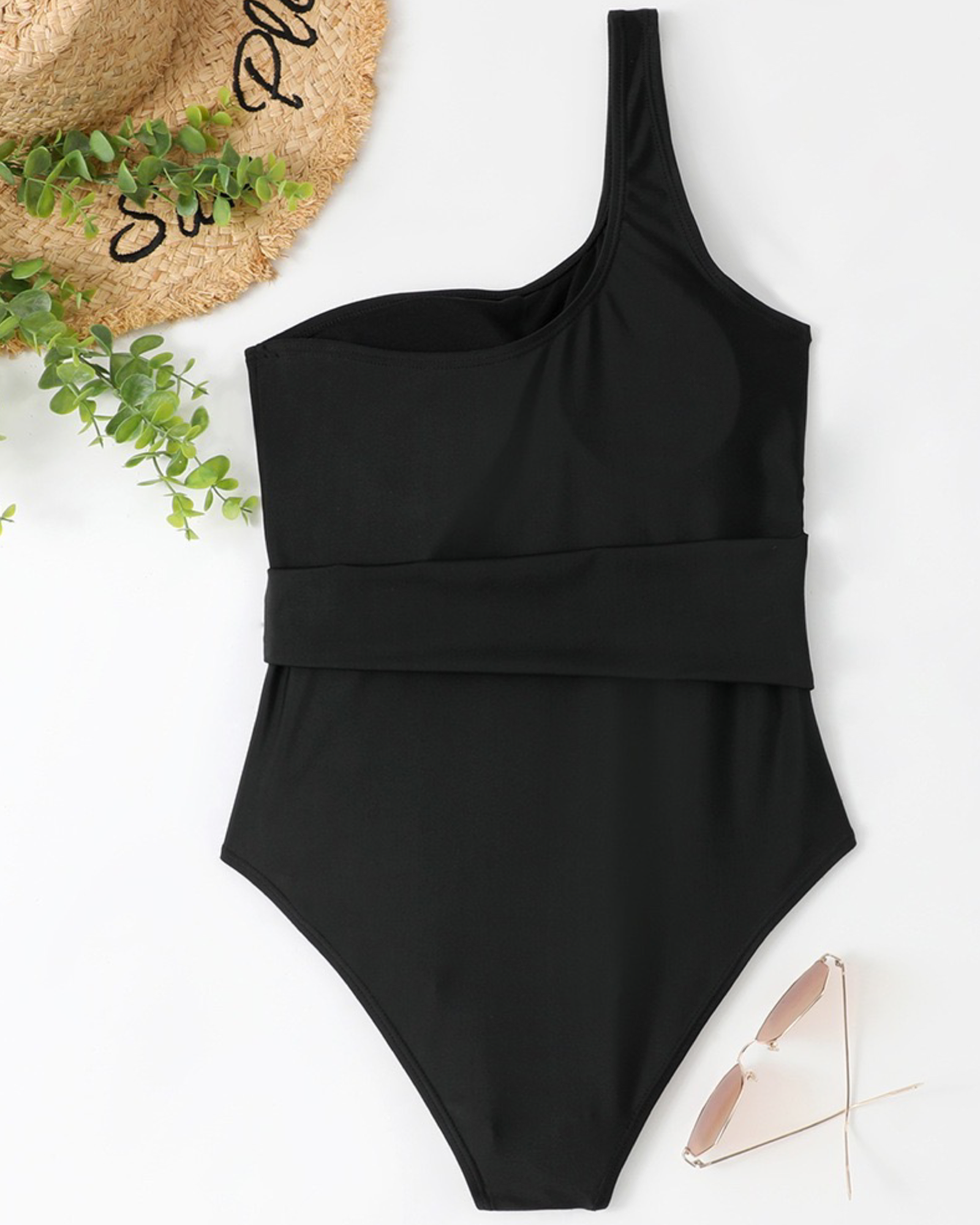 One Shoulder One Piece Black Swimsuit